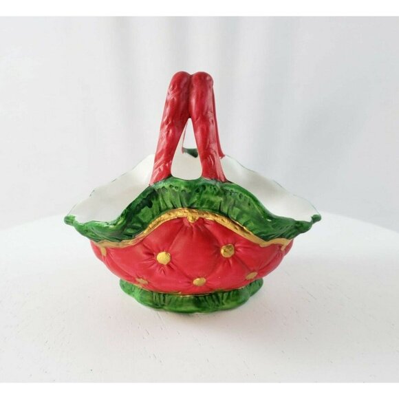 Vintage Porcelain Christmas Basket Red Green Gold - Picture 3 of 6